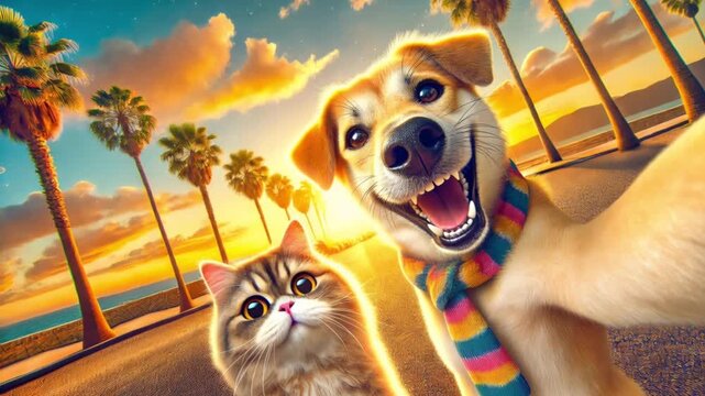 video of happy dog and curious cat standing side by side outdoors with playful joyful pet mood
