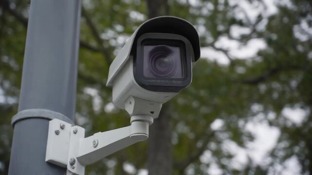 A security camera mounted on a pole with blurred trees in the background.