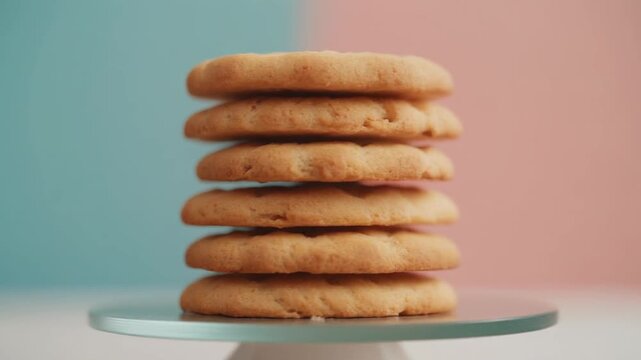 A stack of cookies on a glass plate with a colorful background.