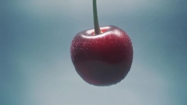 A single cherry with water droplets against a blurred background