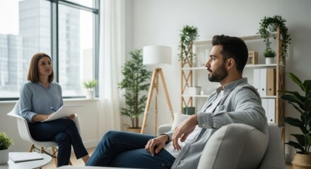 Woman psychologist taking notes during session with man client in modern office. Mental health support, therapy consultation, and counseling concept.