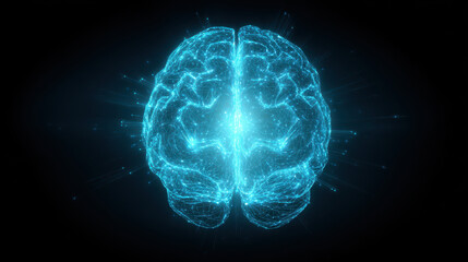AI brain icon glowing in electric cyan, digital neural network, futuristic, centered, small