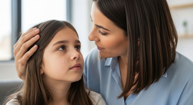Woman comforting crying girl with teardrop on cheek. Mother showing empathy and support to her sad child. Concept of parental protection and emotional bonding. - Powered by Adobe