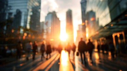 Blurred urban city street at golden sunset with lens flare and bokeh effect. Evening rush hour in business district with silhouettes of people walking and glass buildings. High quality