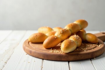 Golden-brown breadsticks arranged on a rustic wooden board, sprinkled with sesame seeds, ideal for a delightful snack or a complement to any meal.