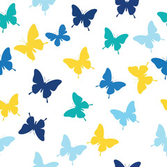 Seamless pattern of colorful butterflies in yellow blue teal and green for spring summer designs vector