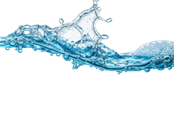 Pristine blue water with countless individual droplets, active bubbling, and a transparent wave cresting in a dynamic splash, against a transparent background with copy space below, concept of