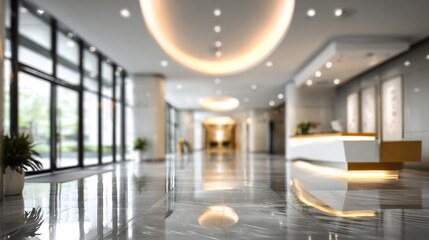 blurred office lobby entrance building background, defocus luxury clinic hospital corridor, modern hotel reception hall interior Ai generated. High quality