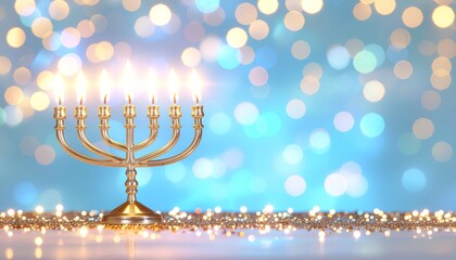 Festival of Lights: Lit Golden Menorah on Sparkling Surface with Soft Blue and Gold Hanukkah Bokeh Background.