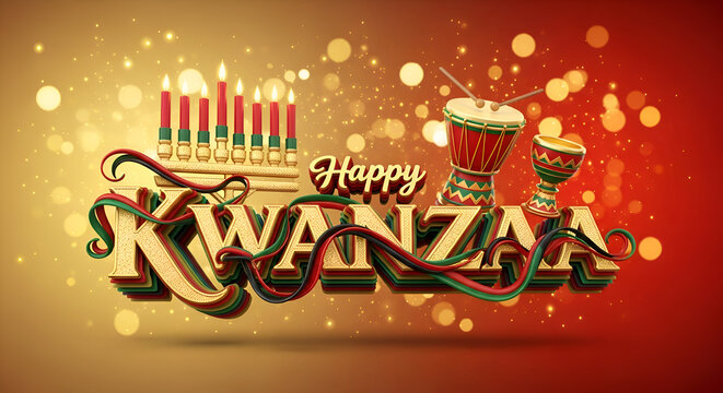 Kwanzaa Happy Celebration Greeting Card Design Three Dimensional Gold Text Kinara Seven Candles Djembe Drum Unity Cup Swahili Umoja Principle African American Holiday Festive Background
