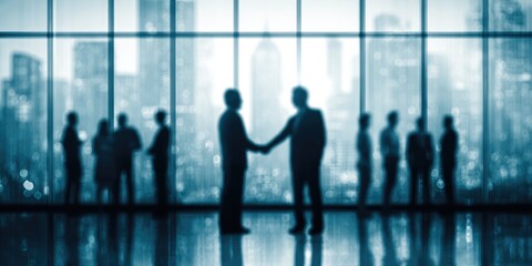 Achievement through collaboration business agreement in a blurred office skyline silhouette with people shaking hands by a large window overlooking cityscape