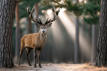 Naklejka premium Majestic stag golden brown fur large antlers forest sunlight nature wild animal standing alert