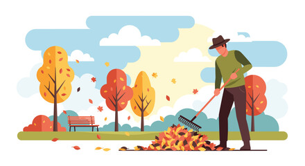Man raking vibrant autumn leaves in park, perfect for seasonal campaigns or eco-friendly promotions depicting outdoor activities