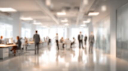 Blurred modern office interior with business people working A bannerstyle background with copy space perfect for business presentations and corporate designs. High quality