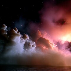 Fototapeta premium A surreal landscape of swirling clouds in vibrant pinks and oranges, set against a dark night sky filled with stars and a bright celestial body.