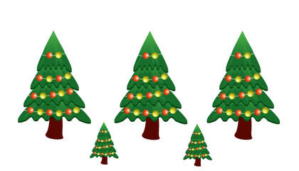 Obraz premium Decorated Christmas tree set with glowing lights on transparent background. Bright festive illustration featuring multiple green holiday trees in clean vector style.