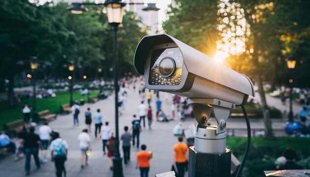 Outdoor security camera monitoring a busy park at sunset, symbolizing public safety and urban surveillance, concept for smart cities, community protection, and infrastructure.