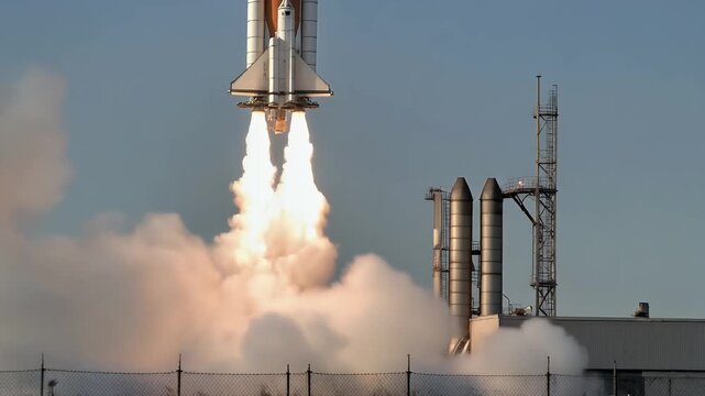 Rocket Launching into Space with Smoke and Flames.