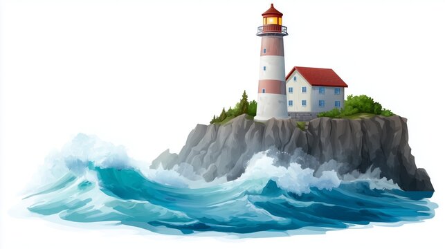Lighthouse guiding waves coastal shore illustration rocky landscape aerial view maritime concept