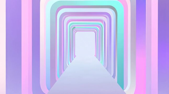 Abstract futuristic tunnel corridor with glowing pastel purple, pink, and blue frames creating a one-point perspective.