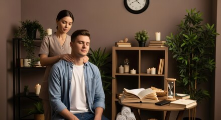 Woman Masseuse giving a neck massage to a man. Spa treatment and relaxation therapy for well being at home salon. Self care concept.