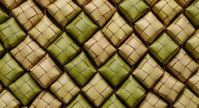 Traditional Woven Ketupat Rice Cake Background Pattern for Eid Celebration