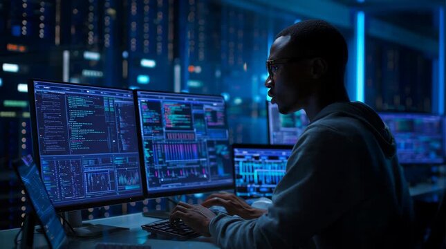 Focused male IT specialist working on multiple computer screens with complex data in a dark office.