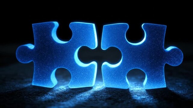 Two glowing blue puzzle pieces interlock on a dark surface, illuminated against black depths nearby