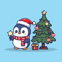 Cute Vector Illustration of a Festive Penguin in Santa Hat Holding Star Wand Beside Decorated Christmas Tree on Blue Background