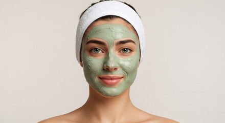 Woman with green clay facial mask and white headband looking at camera. Beauty treatment and natural skincare concept for wellness.