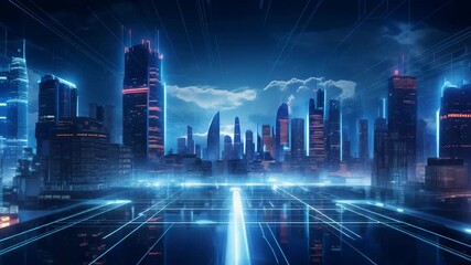 Cityscape of Innovation: An alluring image showcasing a futuristic city bathed in cool, energetic blue light. - Powered by Adobe