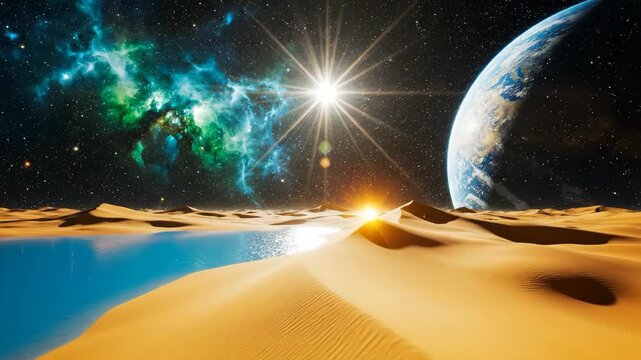 Desert Oasis Galaxy Surreal landscape with water with stars, and Earth in space.