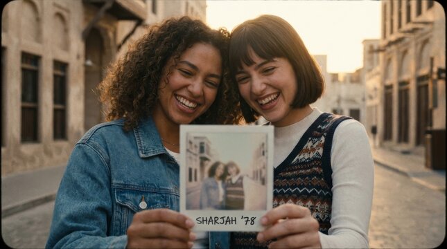 Two smiling friends hold a candid vintage photo, sharing a joyful moment of nostalgic escapism during authentic UAE cultural travel. - Powered by Adobe