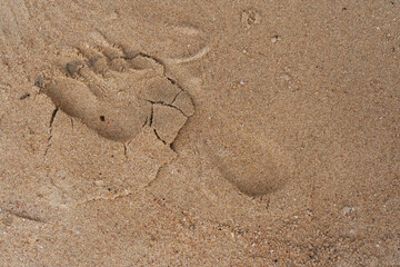 Human footprint in dry cracked beach sand.