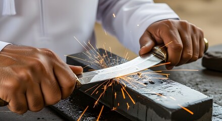 A Yemeni man's hands skillfully sharpening a traditional Jambiya dagger on a rotating whetstone, creating a dramatic spray of orange sparks. Cultural heritage and craftsmanship.