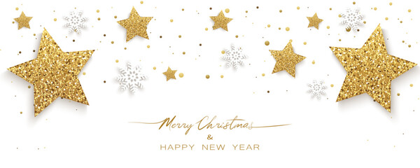 Beautiful Christmas background with gold stars and silver snowflakes for your design. Christmas background with gold stars, silver snowflakes, and confetti. Vector illustration.
