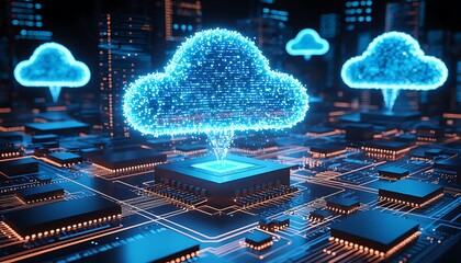 Digital circuit board connecting to abstract cloud forms, representing data storage, network security, and internet technology