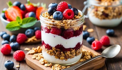 Yogurt parfait creating delicious layers with creamy yogurt, crunchy granola, sweet raspberries, and fresh blueberries on a wooden table