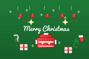 Christmas Greeting Card with Green Background with Holiday Icons