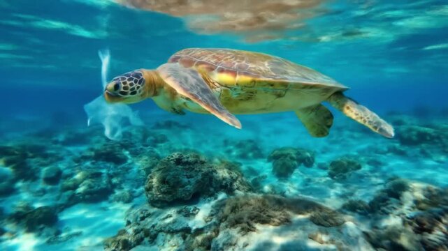 A sea turtle glides, slowly through clear blue water near a rocky coral reef, plastic bag entangled