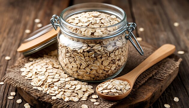 Rolled oats filling a glass jar, with spilled grains on burlap and a wooden spoon on a rustic brown plank background - Powered by Adobe