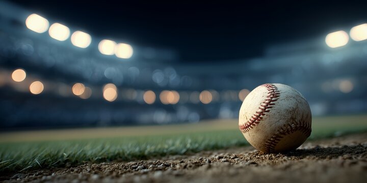 Close-up of a baseball sitting on the edge of the field at night under stadium lights. Concept for sports competition, athletic performance and recreation