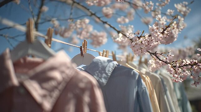 A clothesline with shirts in soft focus, beneath cherry blossom branches against a clear blue sky. Wooden clothespins hold clothes