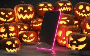 Glowing jack o lanterns surround a modern smartphone with neon pink light on a dark background