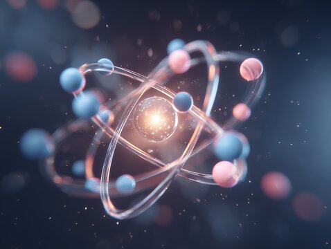 Close-up illustration of atom structure with pink and blue orbits, a model of atomic nucleus. Concept for quantum physics, nuclear energy and technology research