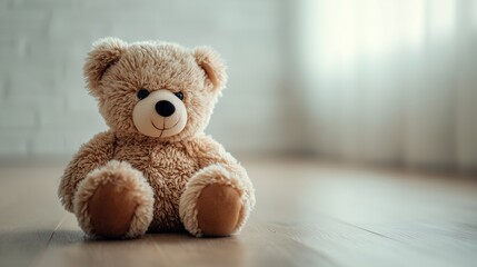 Obraz premium Adorable fluffy teddy bear sitting on a light wooden floor in a bright room, concept for childhood, tenderness and innocence