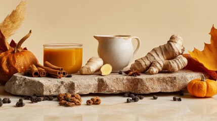 Realistic studio product photography of warm spices, pumpkin chai tea, small pumpkin, ginger, and tonka bean with a cream badkground. Use textured rock or stone to create tiered height levels with the