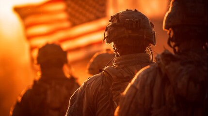 Obraz premium Soldiers in uniform standing with American flag at sunset time, back view. Concept for military honor, national pride and veteran's day celebration