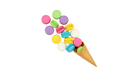 Colorful Macarons Spilling From Waffle Cone On Black Background