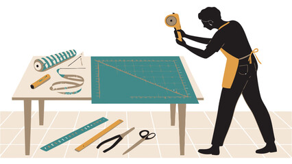 Artisan crafting with rotary cutter and supplies on table for creative project, showcasing skill and precision in a vibrant, engaging scene, professionally done